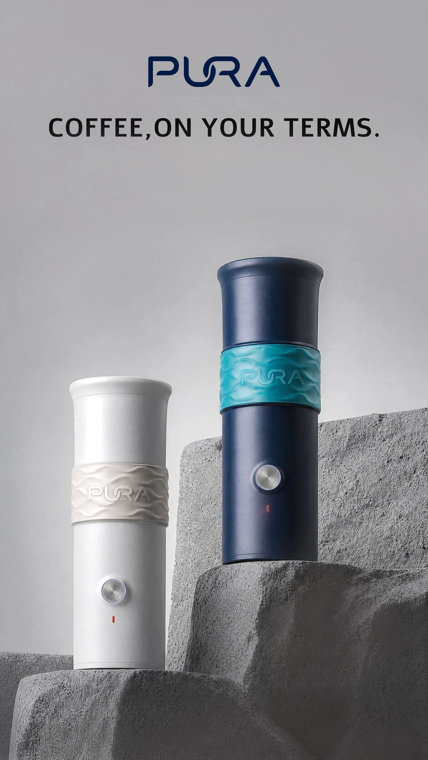 PURA NEO AI portable professional espresso platform in navy and white finishes