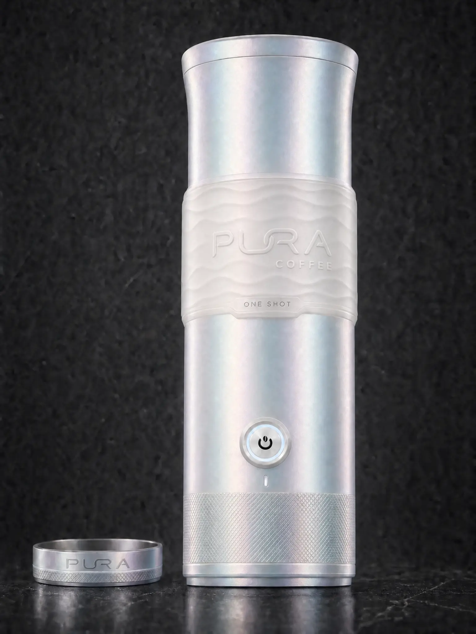 PURA K1 Metal PVD Edition in Aurora Opal iridescent silver finish with wave-textured white silicone grip