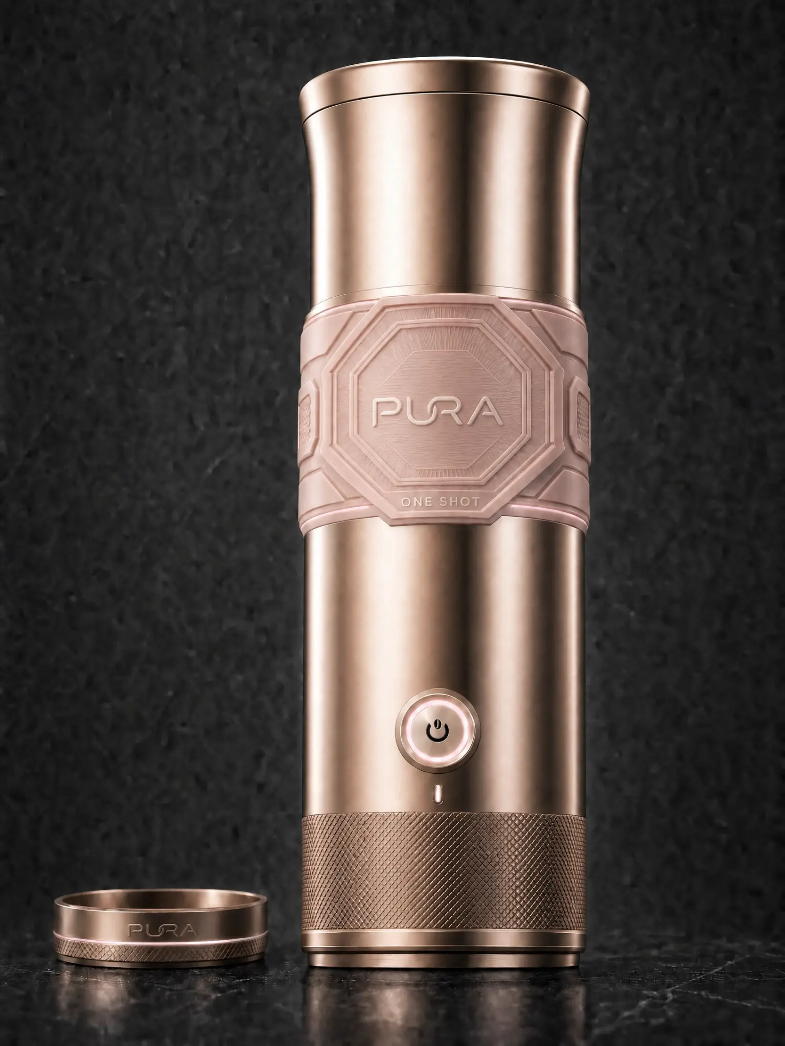 PURA K1 Metal PVD Edition in Rose Quartz Armor rose-gold finish with pink silicone grip